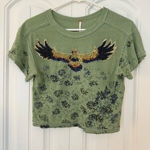 Free People Sage Green Knit Top Size XS Crop Navigator Eagle Gem Tee